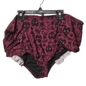 Hot Topic Maroon Sugar Skull Floral High-Waisted Swim Bottoms Plus Size